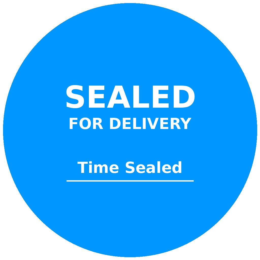 A vibrant 3-inch circular sticker in bold blue with white text reading 'SEALED' prominently at the top, 'FOR DELIVERY' beneath it, and a designated writable line labeled 'Time Sealed' at the bottom for annotating the time of sealing. The design is clean and professional, ideal for restaurants and delivery services.