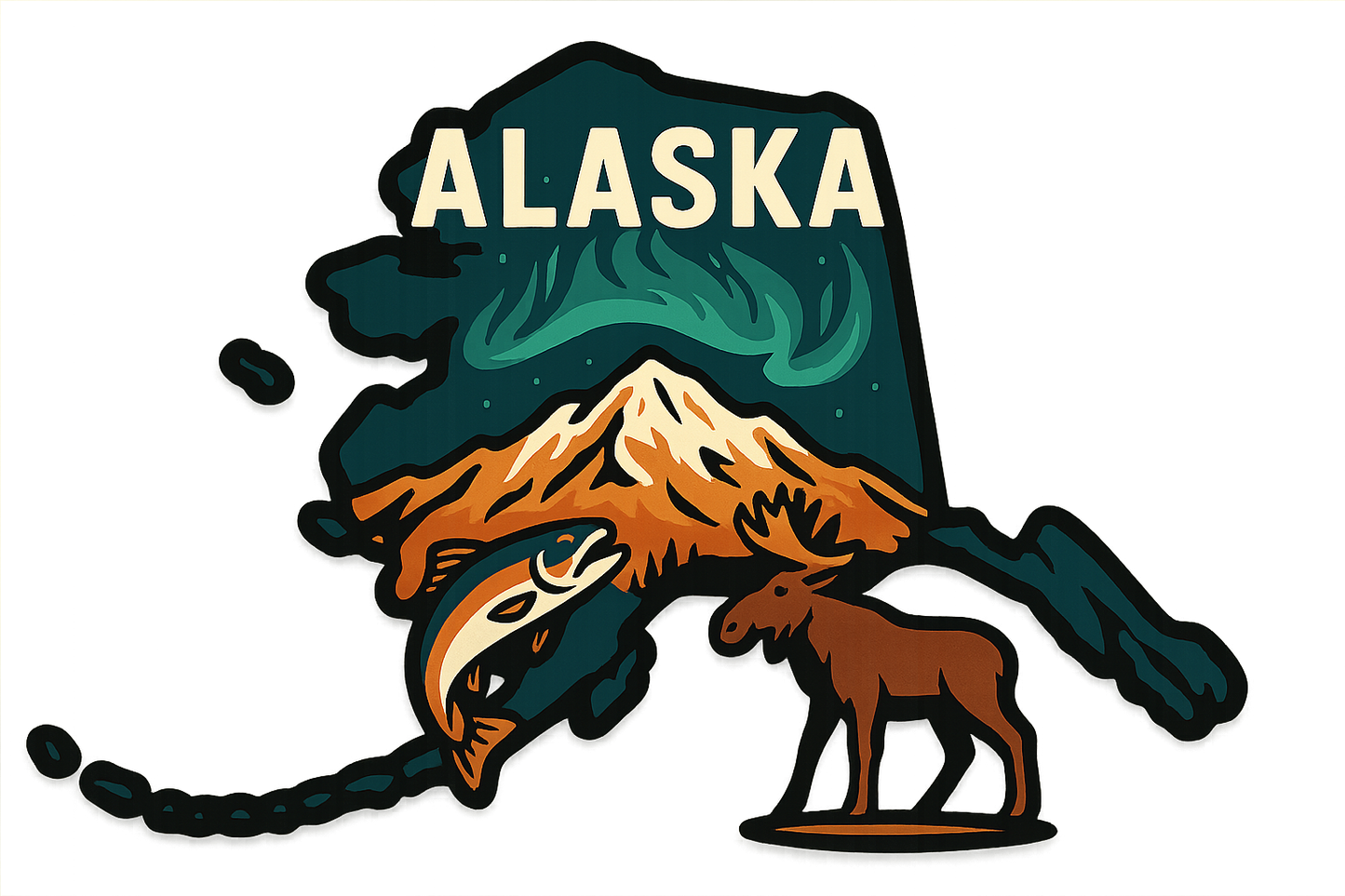 Alaska state sticker with Denali, salmon, aurora borealis, and moose in vintage silhouette style.