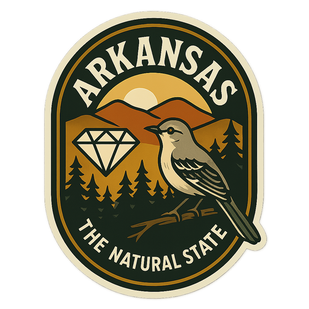 Vintage badge-style Arkansas State Sticker featuring Ozark mountains, diamond, mockingbird, and pine forest.