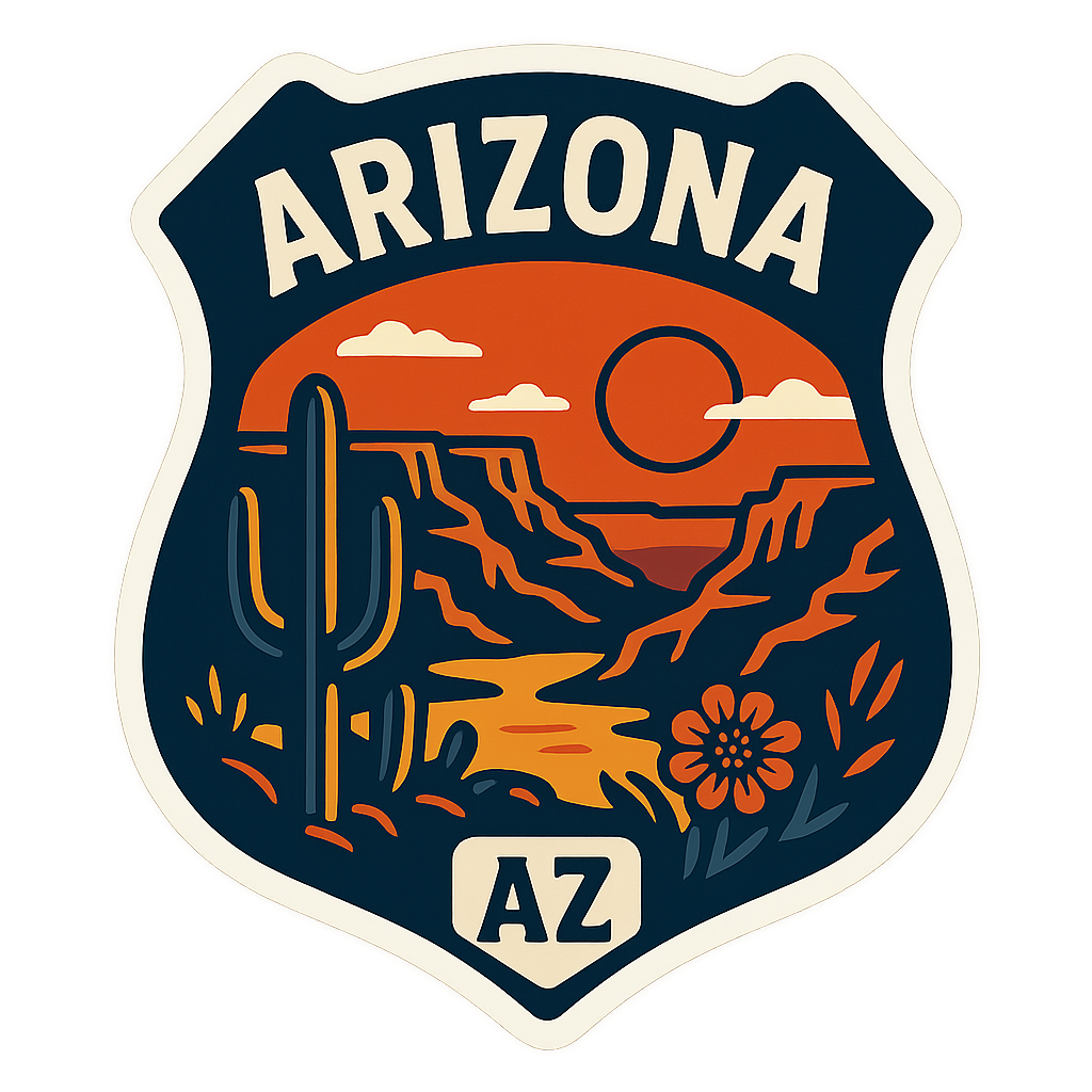 Vintage Arizona state sticker with Grand Canyon sunset, saguaro cactus, and desert flower in a shield design.