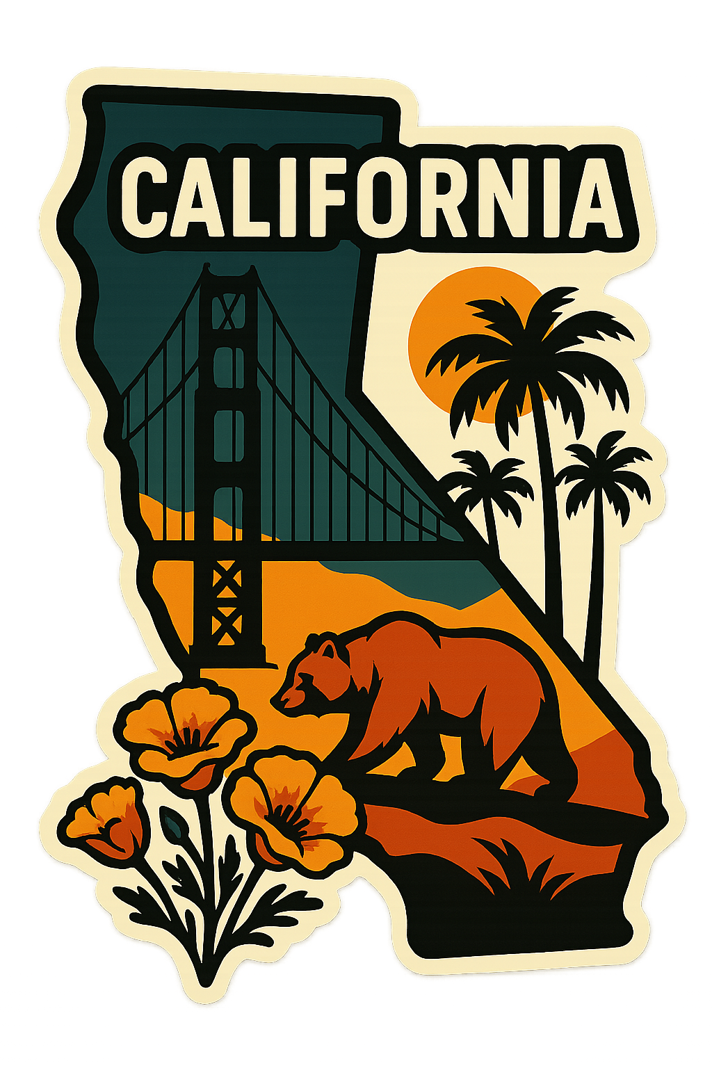 California state sticker with vintage silhouette design featuring Golden Gate Bridge, palm trees, poppies, and grizzly bear.