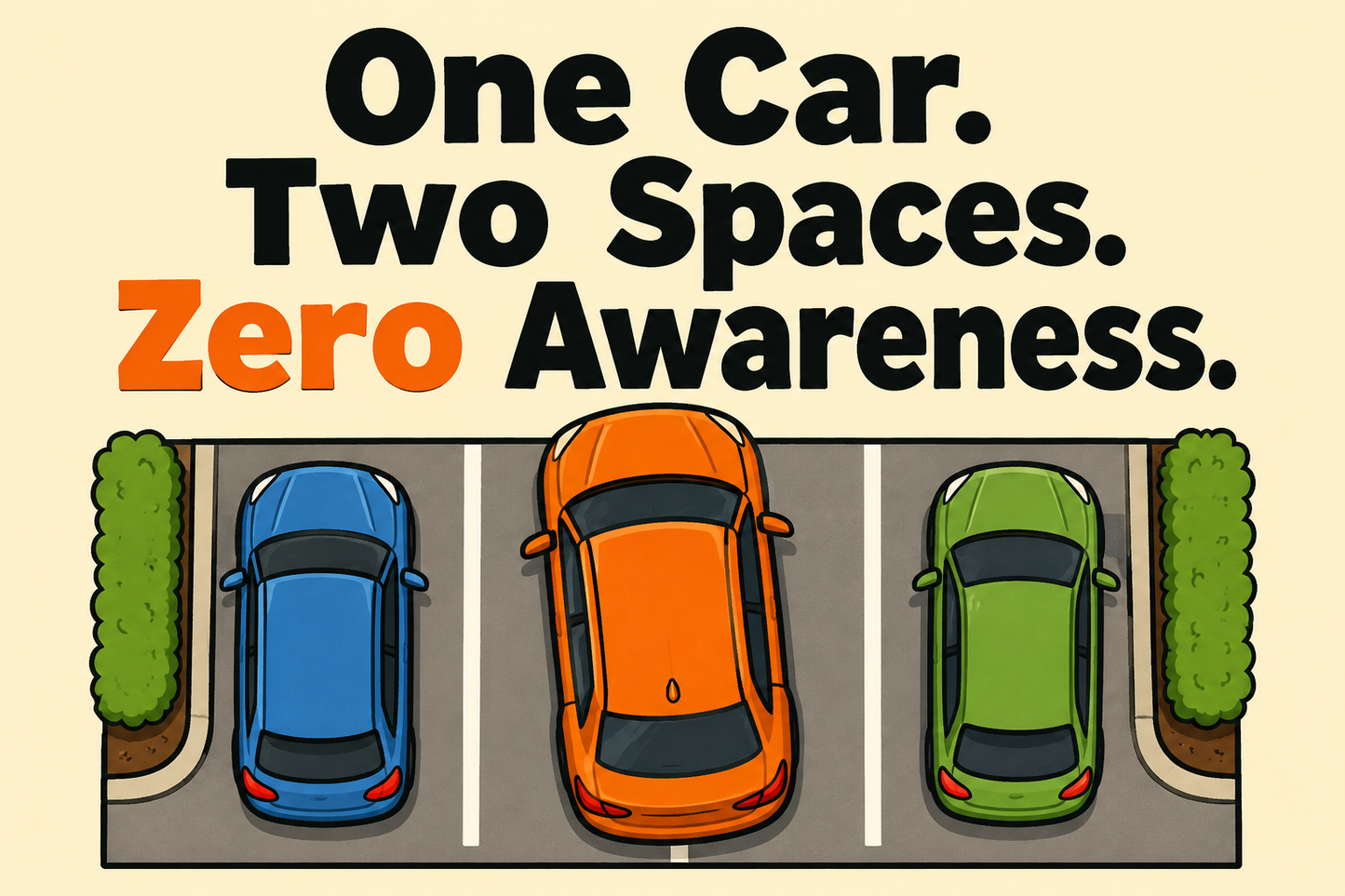 One Car. Two Spaces. Zero Awareness. — illustrated rectangular Carrco sticker.