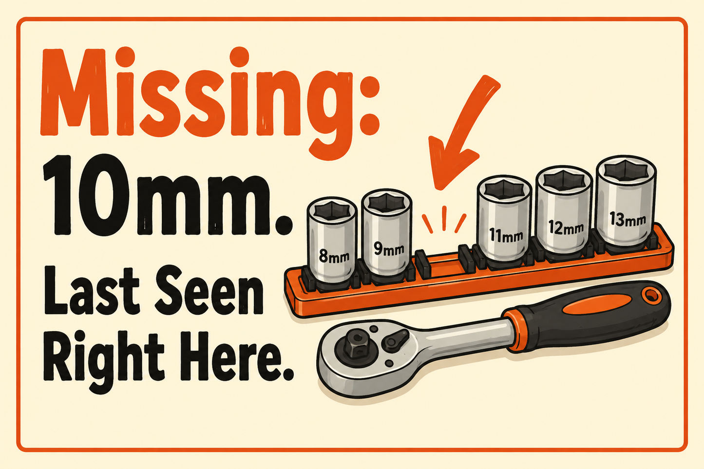 Missing: 10mm. Last Seen Right Here. — illustrated rectangular Carrco sticker.