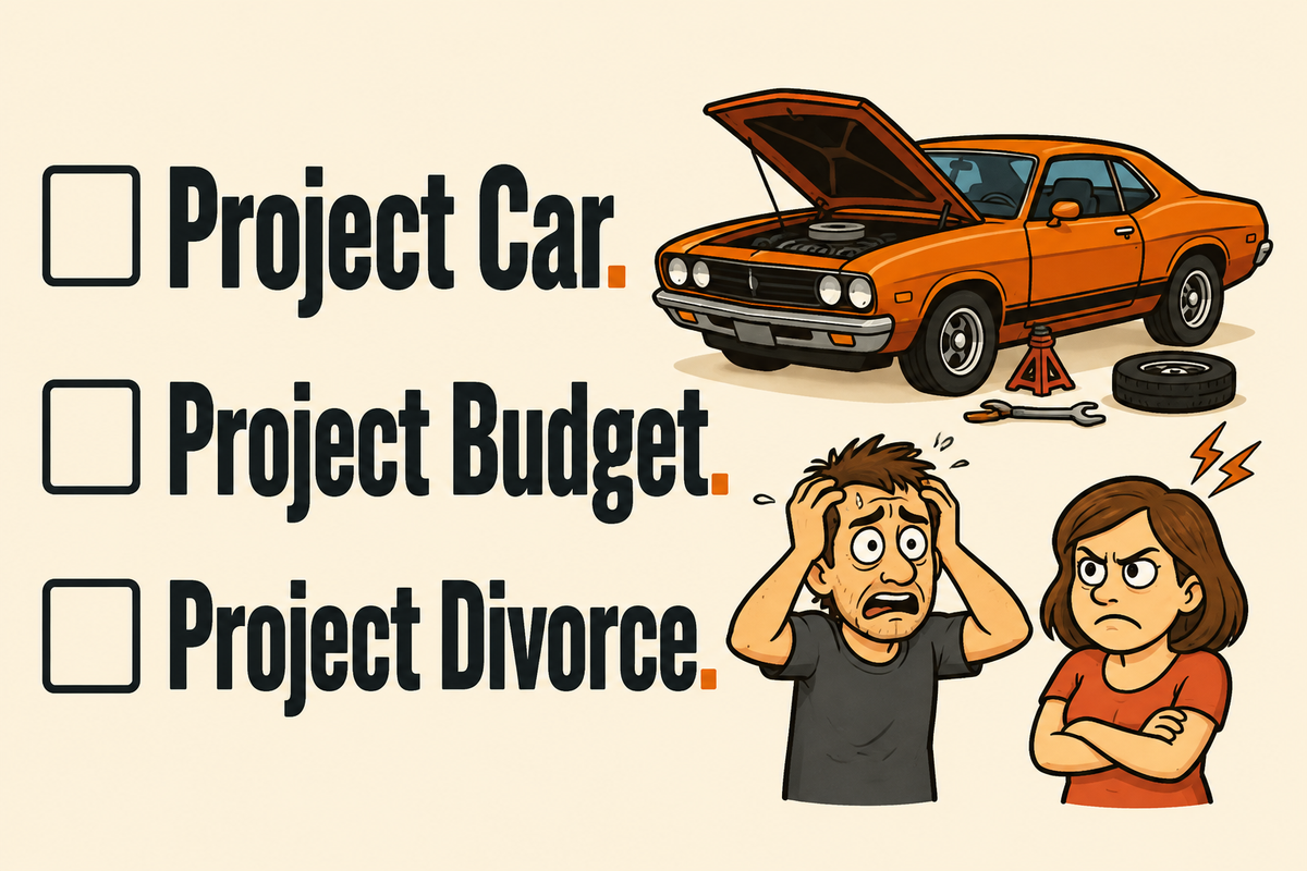 Project Car. Project Budget. Project Divorce. — illustrated rectangular Carrco sticker.