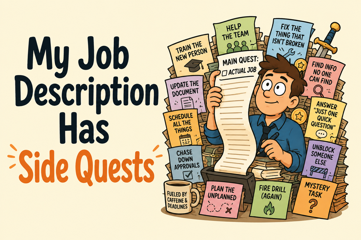 My Job Description Has Side Quests rectangular sticker with overflowing quest list