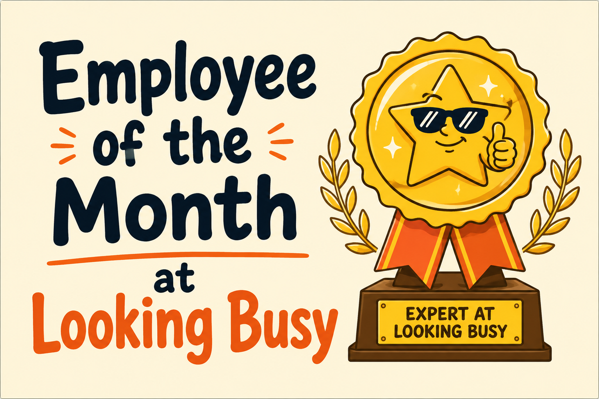 Employee of the Month at Looking Busy rectangular sticker with gold award illustration