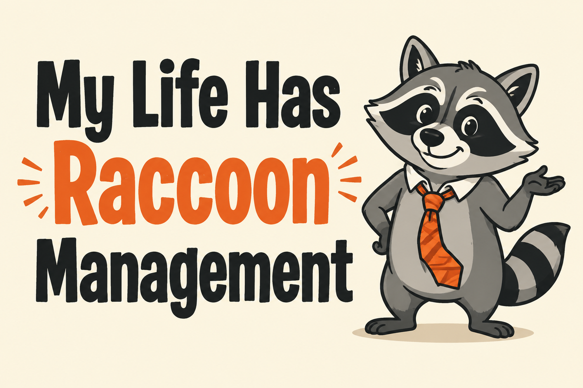 My Life Has Raccoon Management rectangular sticker with raccoon with crooked tie