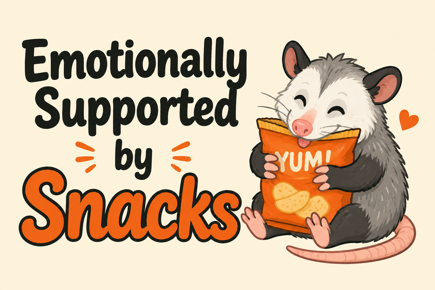 Emotionally Supported by Snacks rectangular sticker with possum hugging chip bag