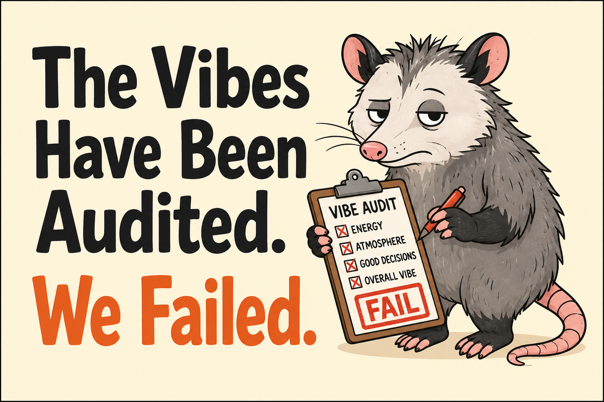The Vibes Have Been Audited. We Failed. rectangular sticker with possum holding clipboard