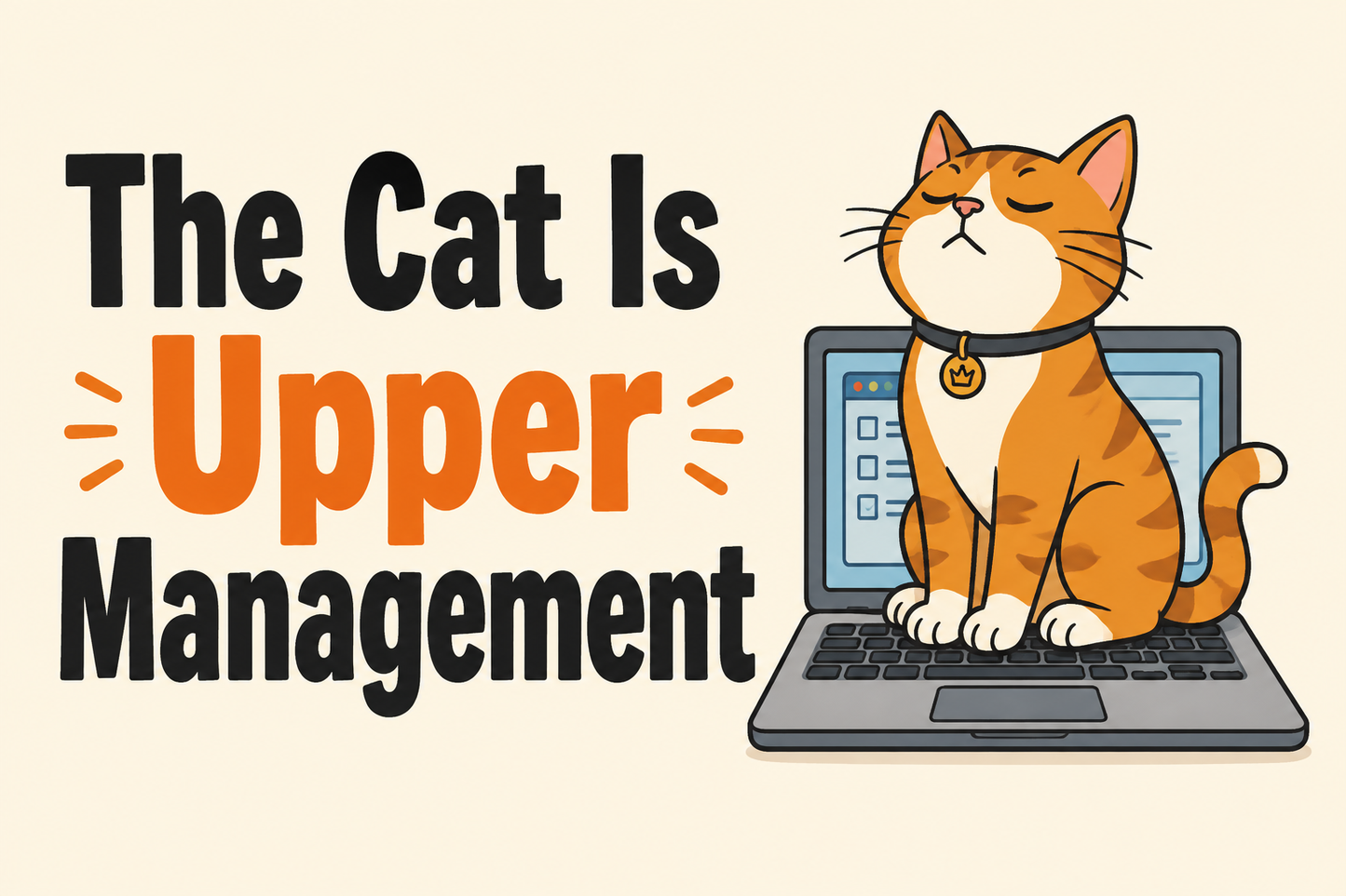 The Cat Is Upper Management rectangular sticker with cat sitting on laptop