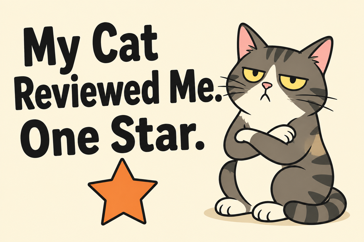 My Cat Reviewed Me. One Star. rectangular sticker with judgmental cat beside one star