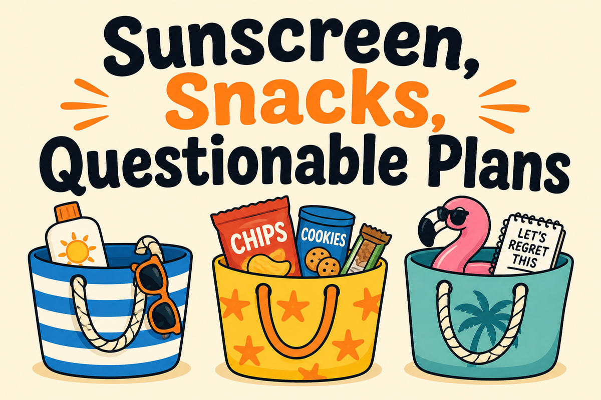 Sunscreen, Snacks, Questionable Plans rectangular sticker with three beach bag icons