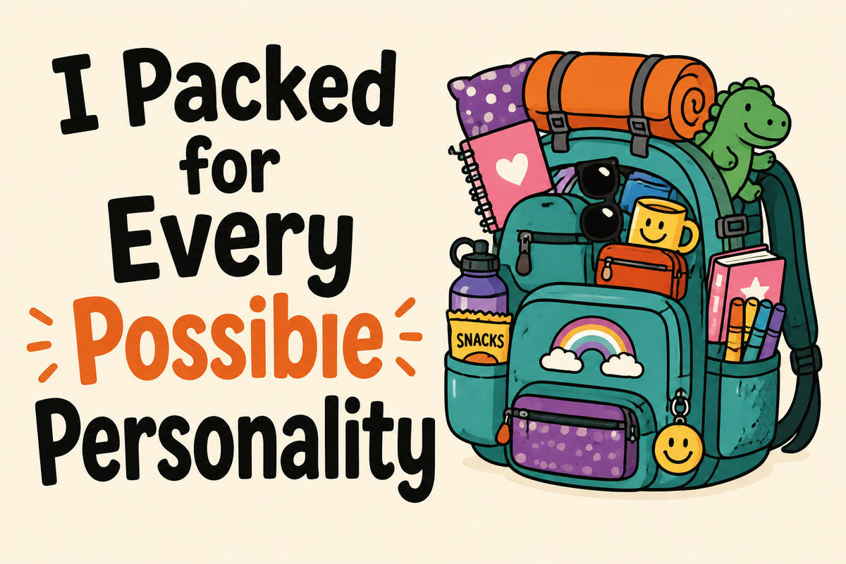 I Packed for Every Possible Personality rectangular sticker with overstuffed backpack