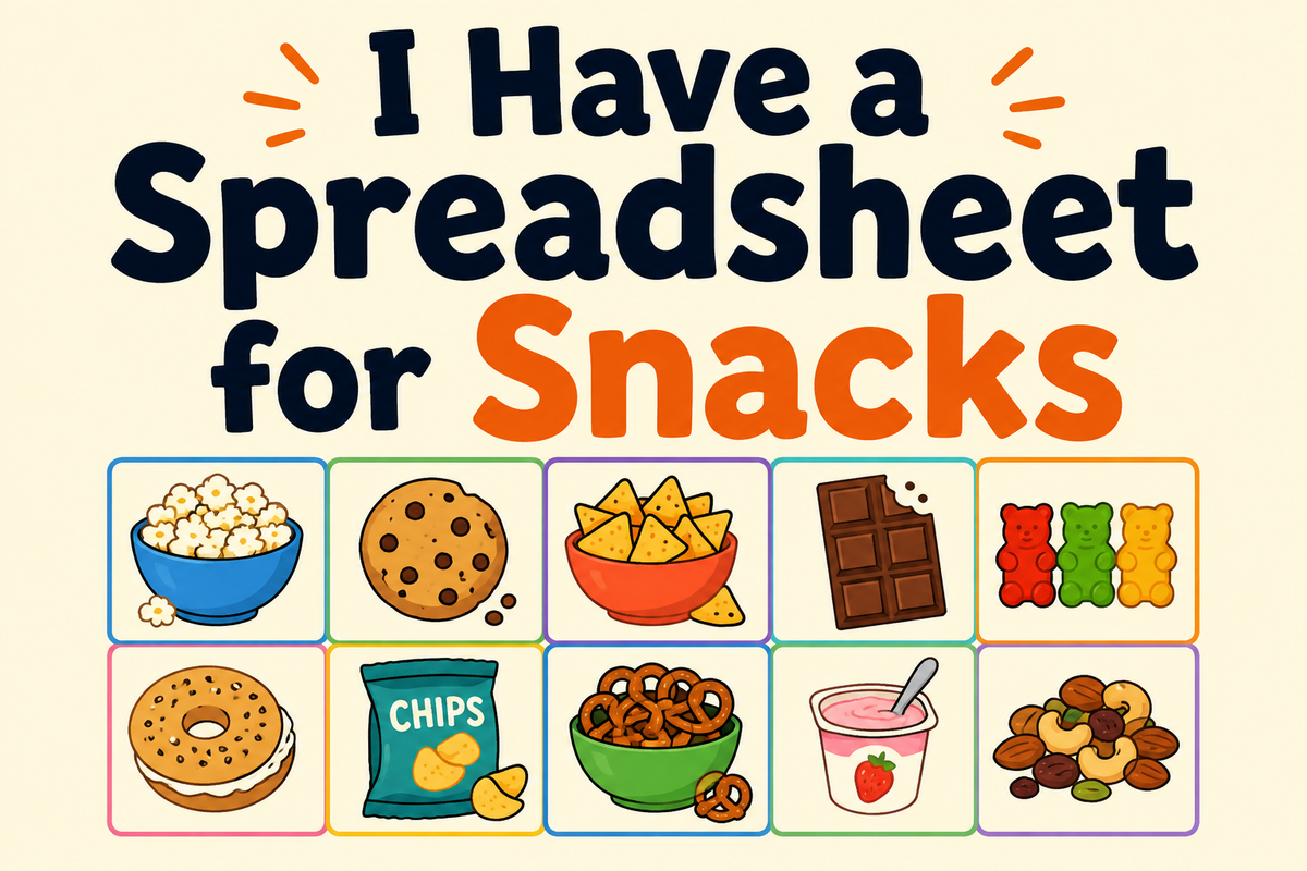 I Have a Spreadsheet for Snacks rectangular sticker with snack icons in grid