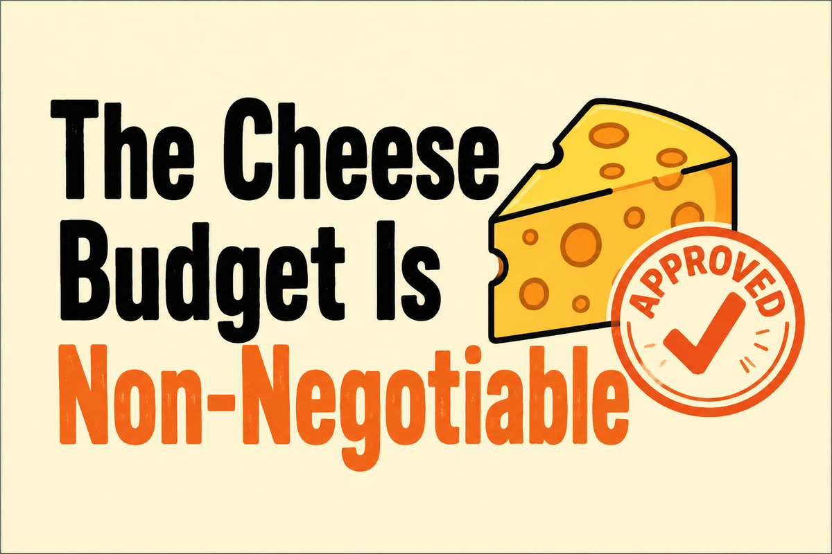 The Cheese Budget Is Non-Negotiable rectangular sticker with cheese wedge and approval stamp