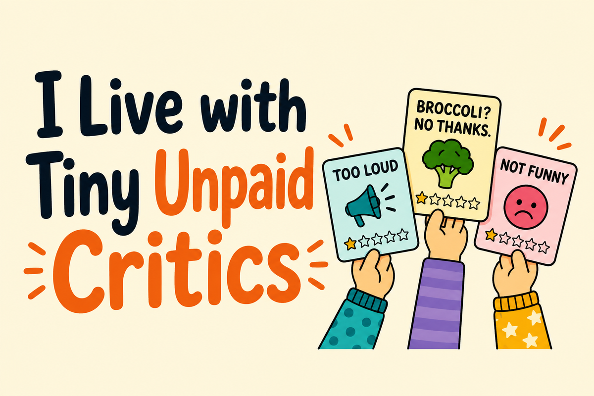 I Live with Tiny Unpaid Critics rectangular sticker with small hands holding review cards