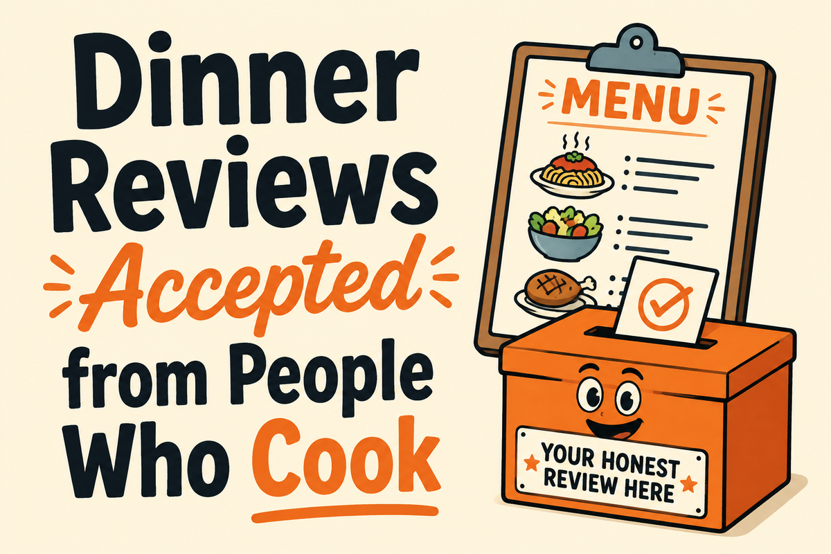 Dinner Reviews Accepted from People Who Cook rectangular sticker with menu and feedback box