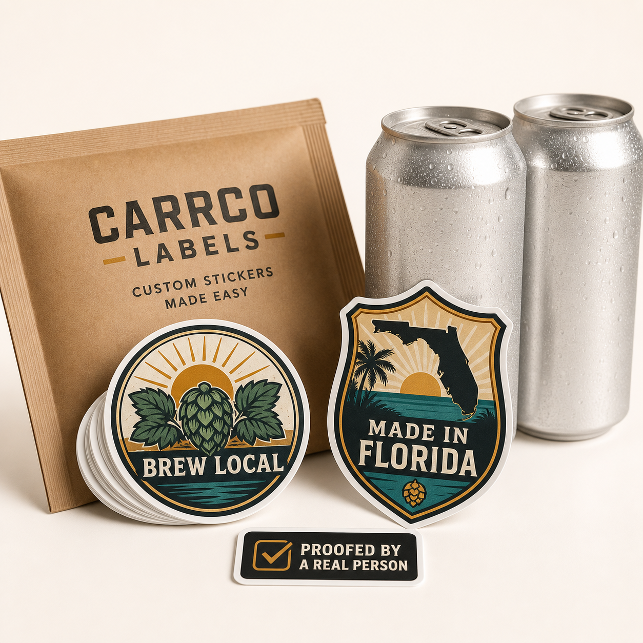Custom brewery sticker sample run with waterproof stickers beside beverage cans