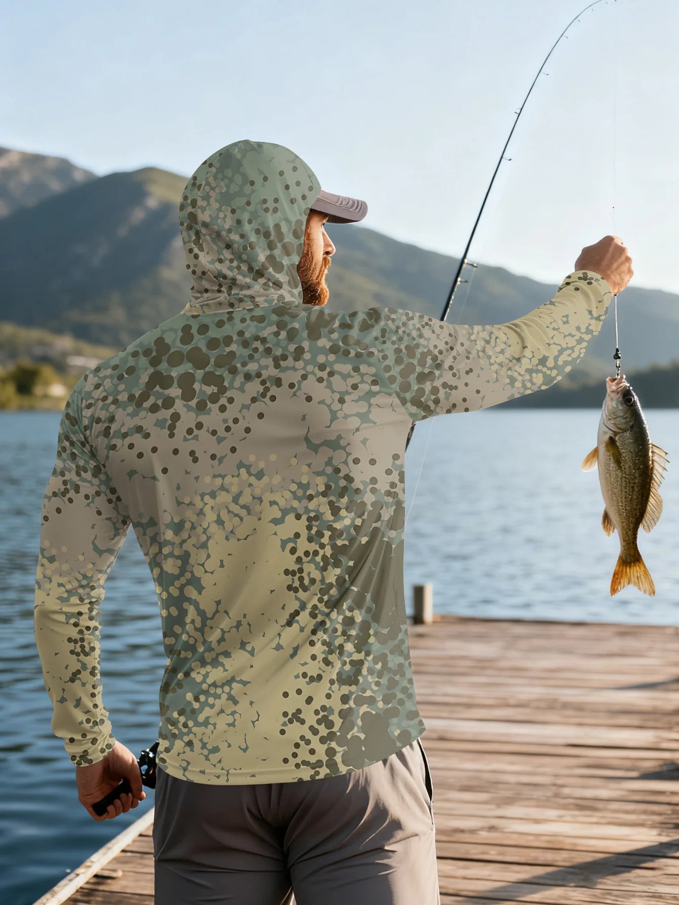 Men's Fishing Hooded Long-Sleeved Camouflage Sunscreen Breathable Anti-UV Lightweight Sweat-Resistant Fishing Shirt