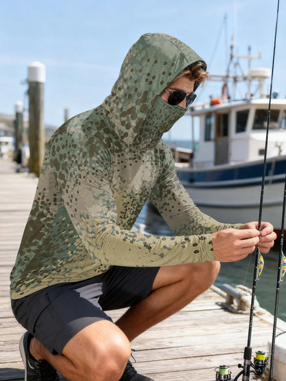Men's Fishing Hooded Long-Sleeved Camouflage Sunscreen Breathable Anti-UV Lightweight Sweat-Resistant Fishing Shirt