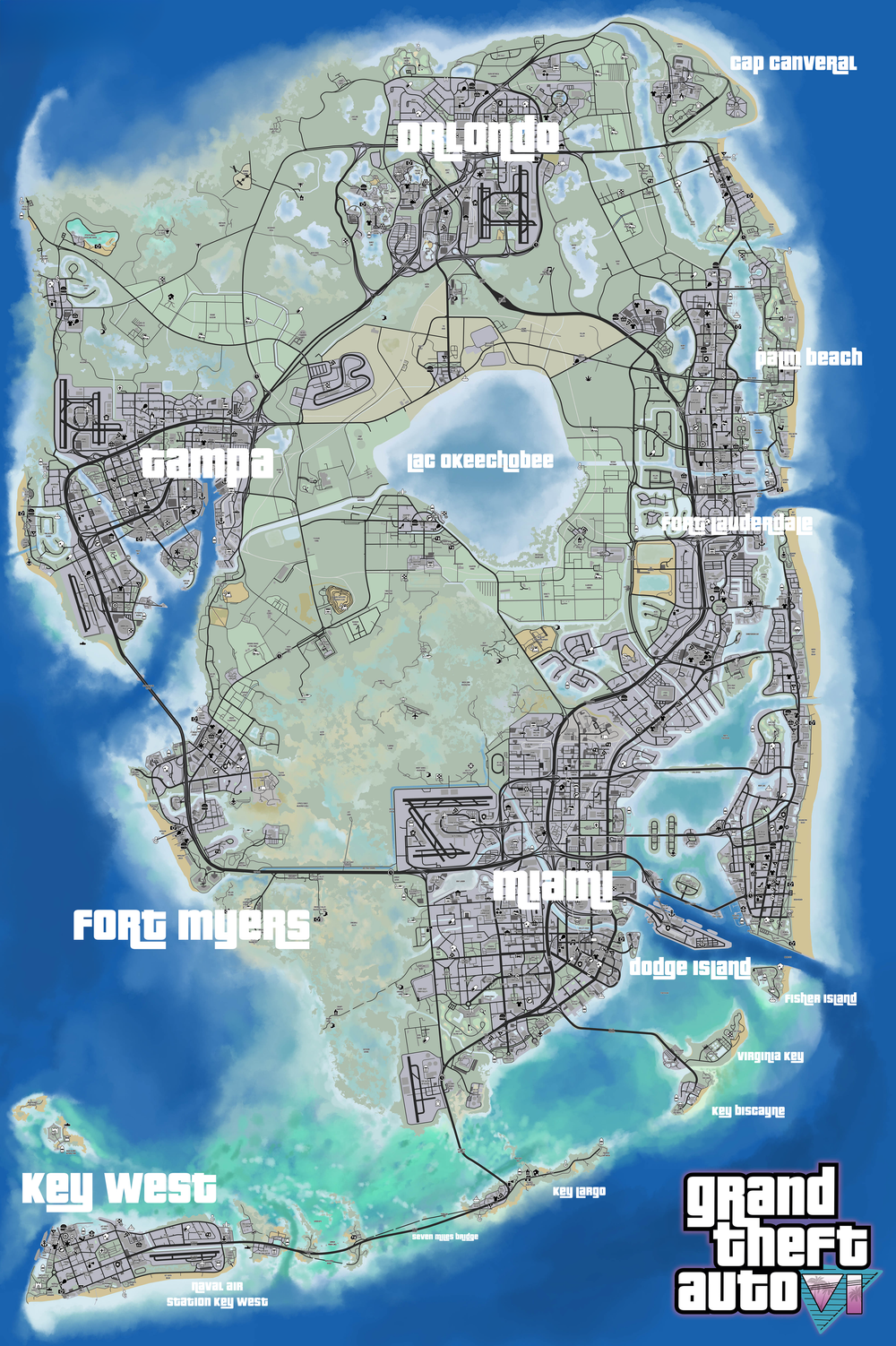 Grand Theft Auto VI Map Wall Decal Sticker (10" x 17")