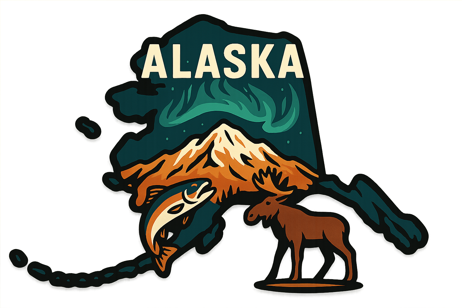 Alaska state sticker with Denali, salmon, aurora borealis, and moose in vintage silhouette style.