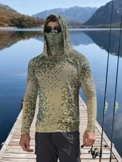 Men's Fishing Hooded Long-Sleeved Camouflage Sunscreen Breathable Anti-UV Lightweight Sweat-Resistant Fishing Shirt