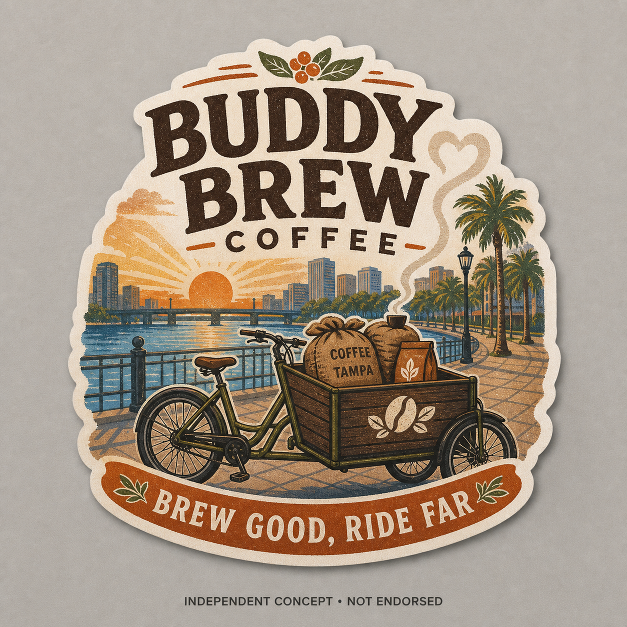 Independent unendorsed Buddy Brew Coffee Brew Good Ride Far sticker concept