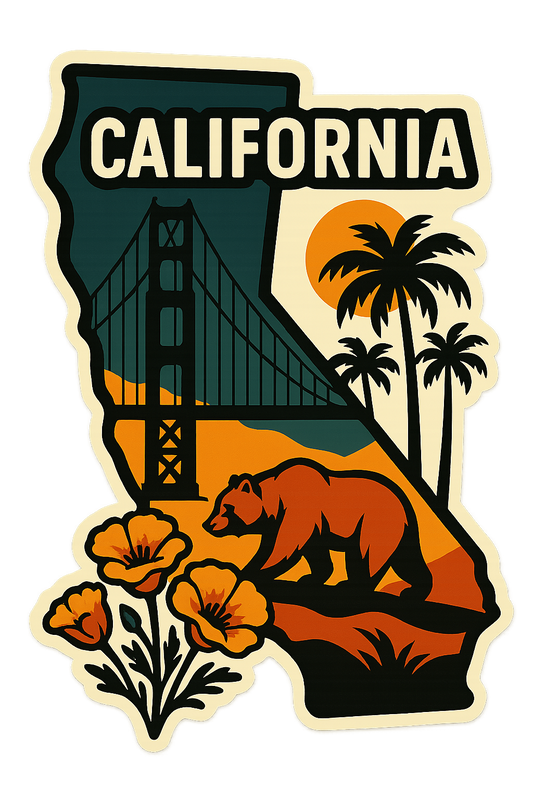 California state sticker with vintage silhouette design featuring Golden Gate Bridge, palm trees, poppies, and grizzly bear.