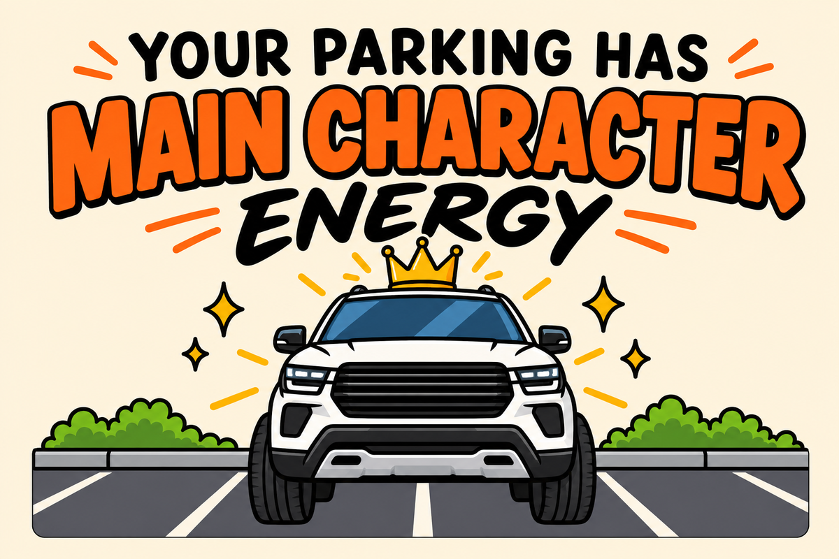 Your Parking Has Main Character Energy — illustrated rectangular Carrco sticker.