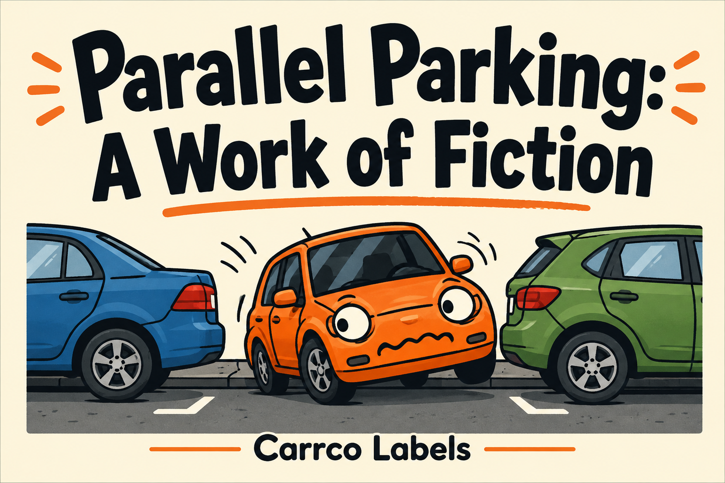 Parallel Parking: A Work of Fiction — illustrated rectangular Carrco sticker.