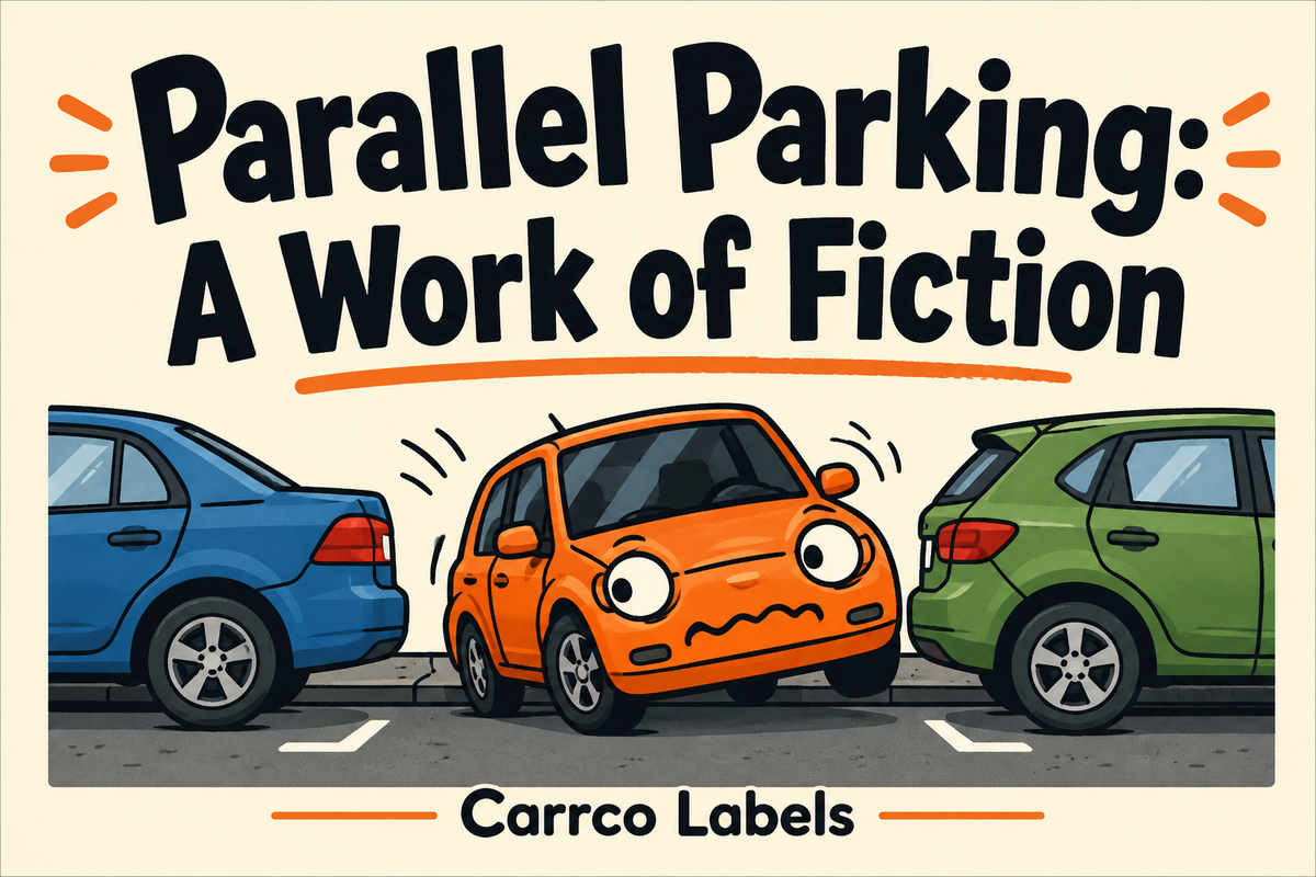 Parallel Parking: A Work of Fiction — illustrated rectangular Carrco sticker.