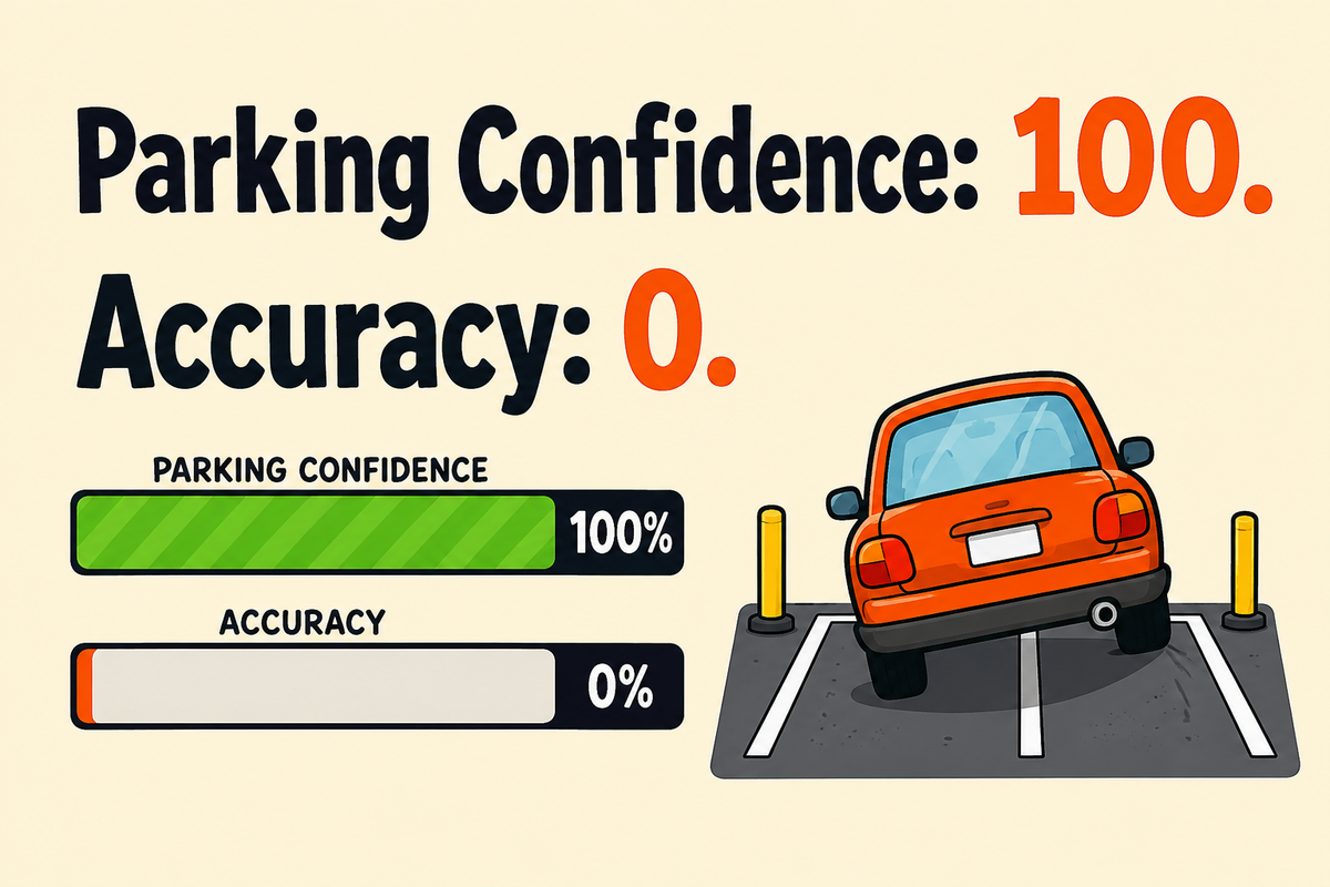 Parking Confidence: 100. Accuracy: 0. — illustrated rectangular Carrco sticker.