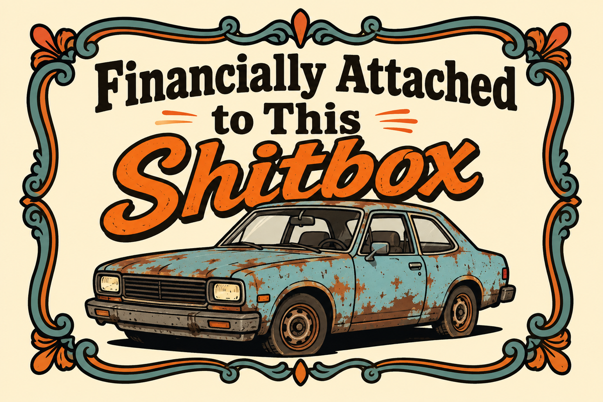 Financially Attached to This Shitbox — illustrated rectangular Carrco sticker.