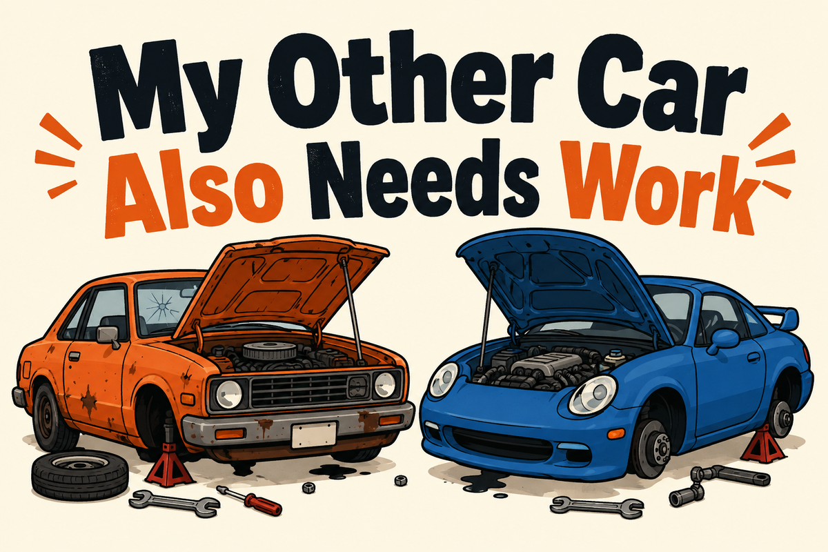 My Other Car Also Needs Work — illustrated rectangular Carrco sticker.
