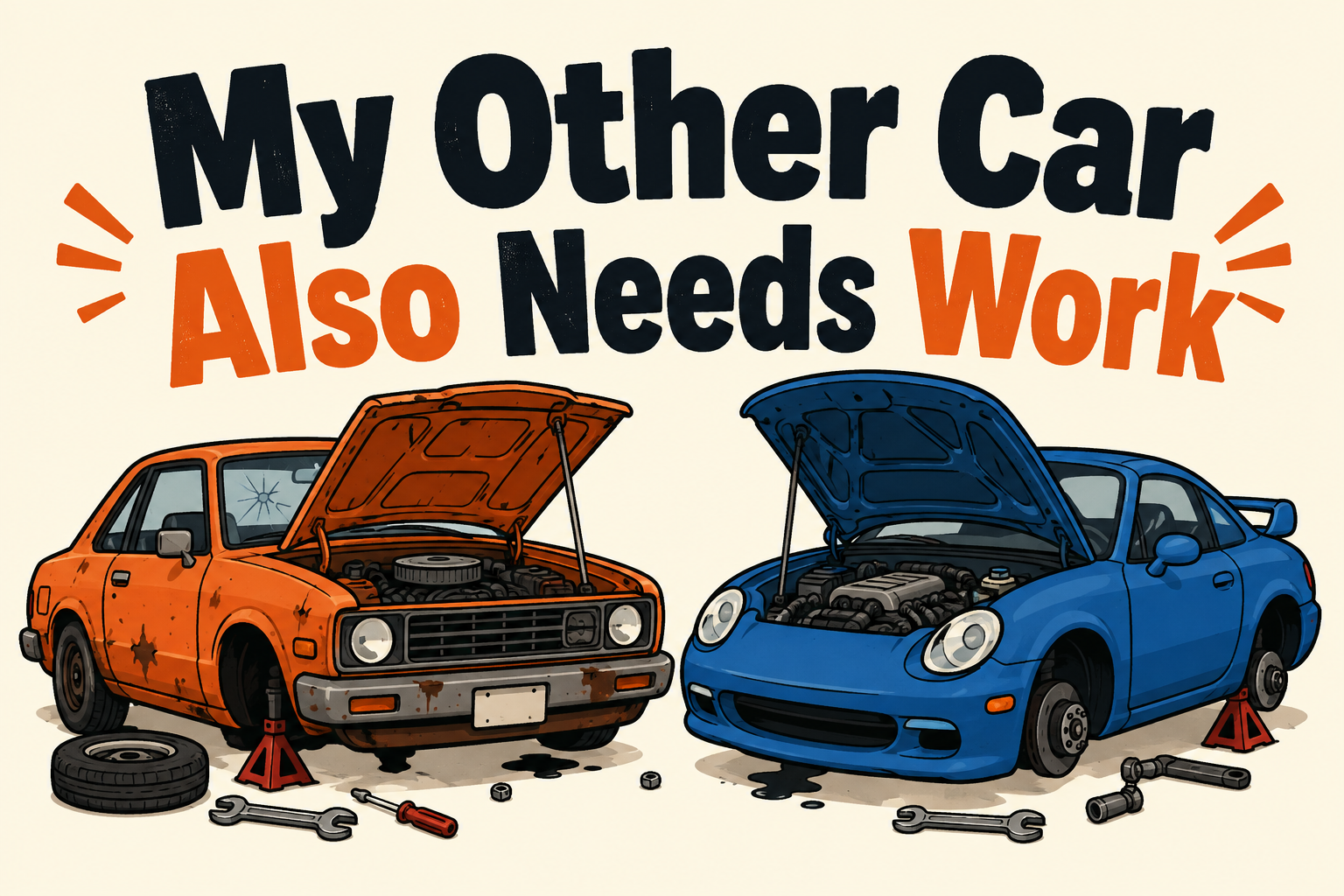 My Other Car Also Needs Work — illustrated rectangular Carrco sticker.