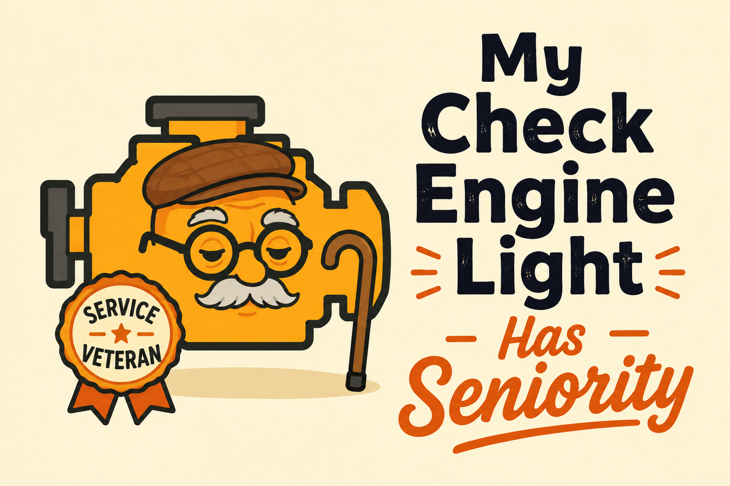My Check Engine Light Has Seniority — illustrated rectangular Carrco sticker.