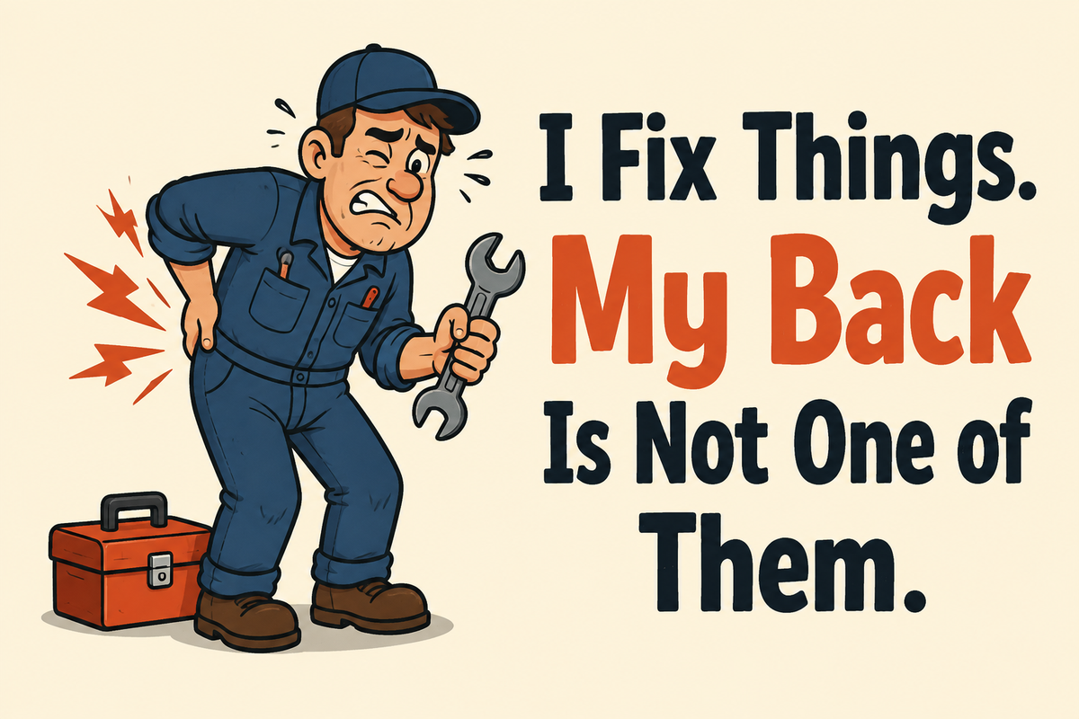I Fix Things. My Back Is Not One of Them. — illustrated rectangular Carrco sticker.