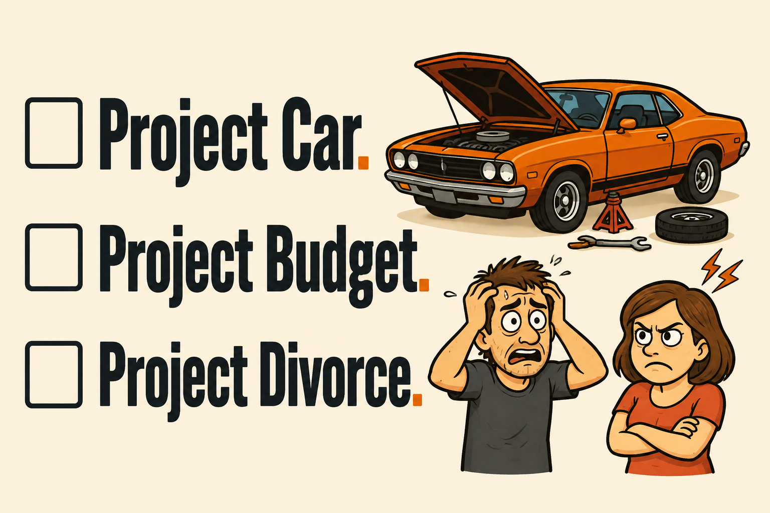 Project Car. Project Budget. Project Divorce. — illustrated rectangular Carrco sticker.