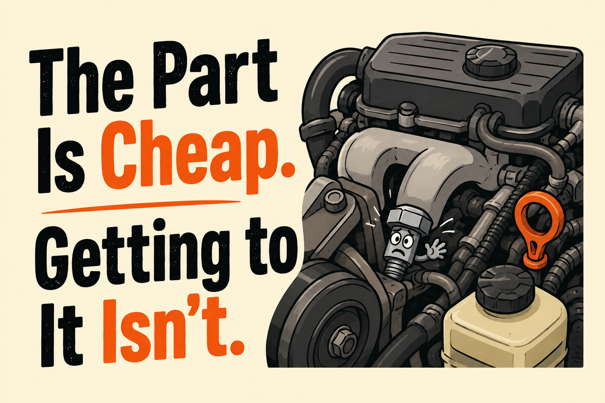 The Part Is Cheap. Getting to It Isn't. — illustrated rectangular Carrco sticker.