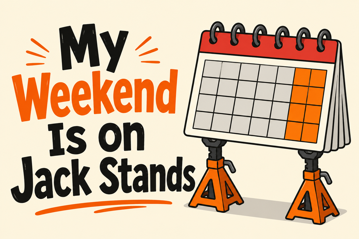 My Weekend Is on Jack Stands — illustrated rectangular Carrco sticker.