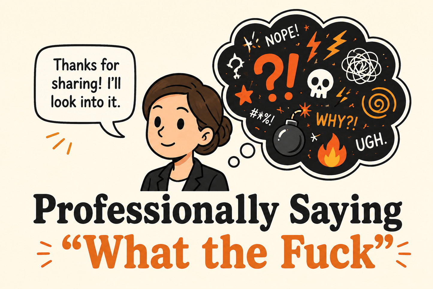 Professionally Saying "What the Fuck" rectangular sticker with polite speech bubble with chaotic thoughts