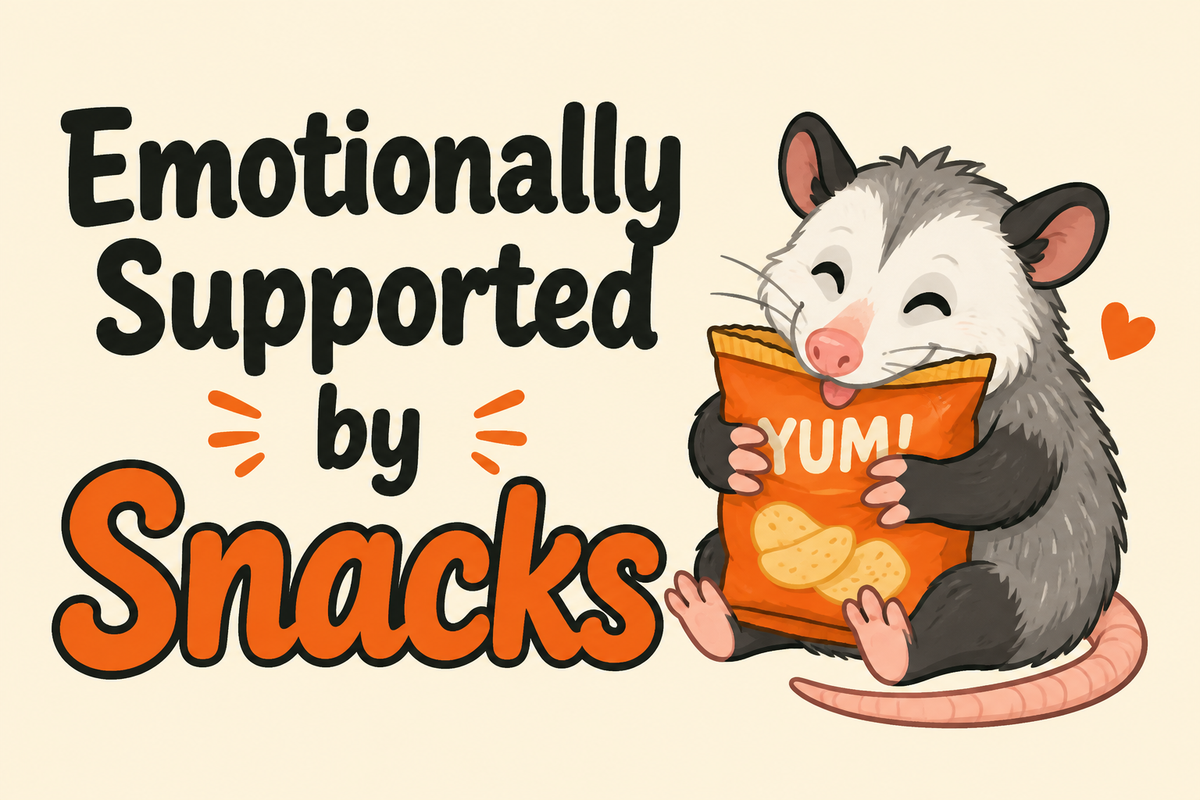 Emotionally Supported by Snacks rectangular sticker with possum hugging chip bag