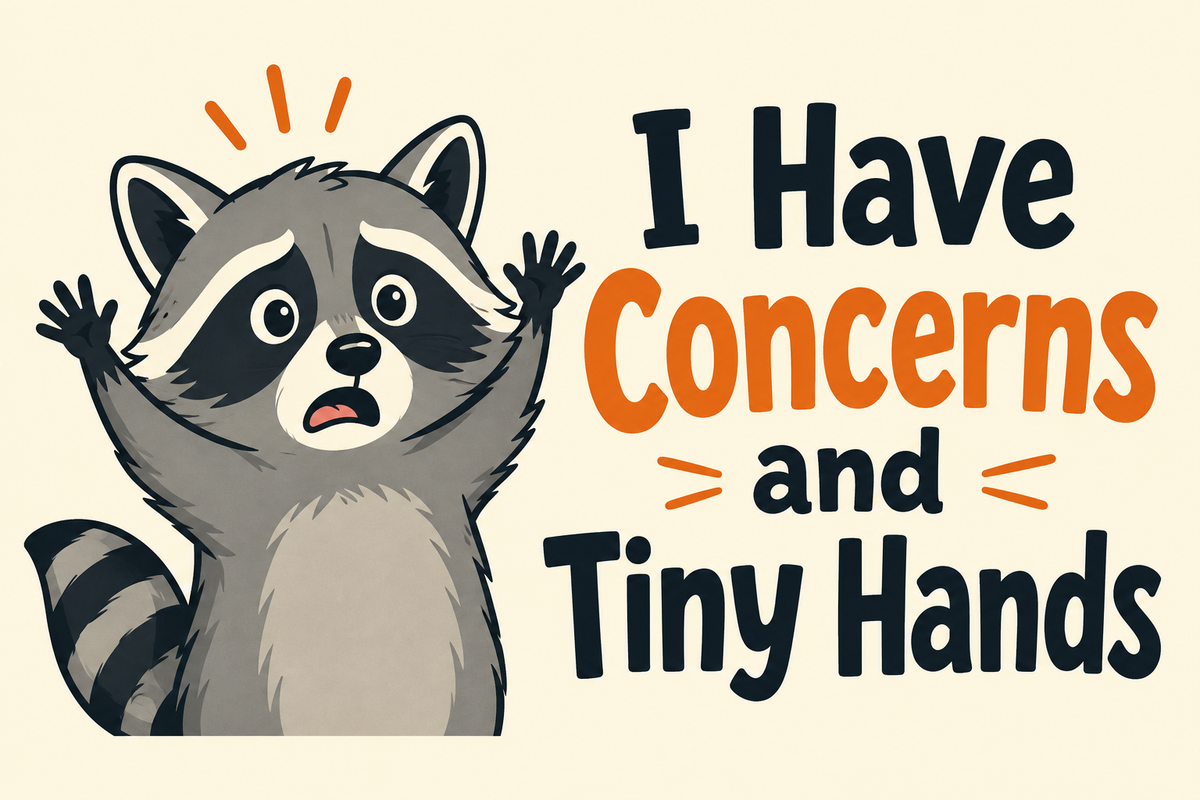 I Have Concerns and Tiny Hands rectangular sticker with raccoon raising paws