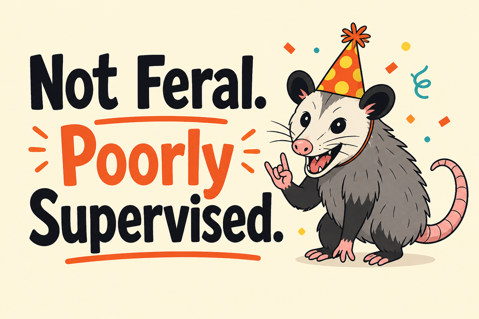 Not Feral. Poorly Supervised. rectangular sticker with possum with party hat