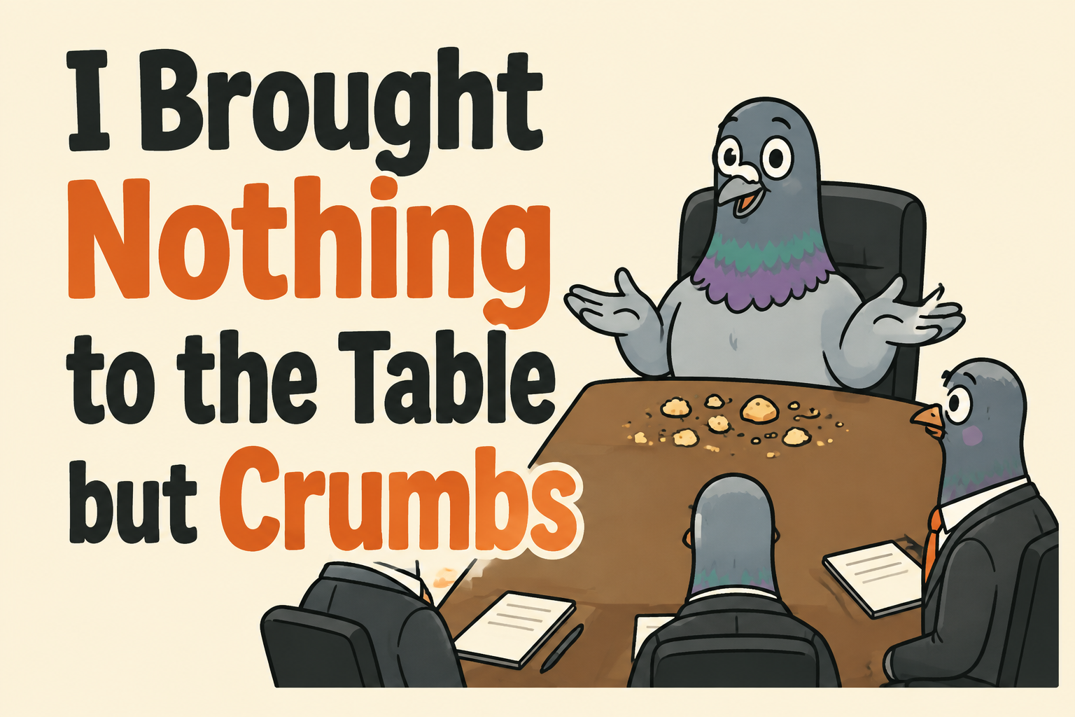 I Brought Nothing to the Table but Crumbs rectangular sticker with pigeon at boardroom table