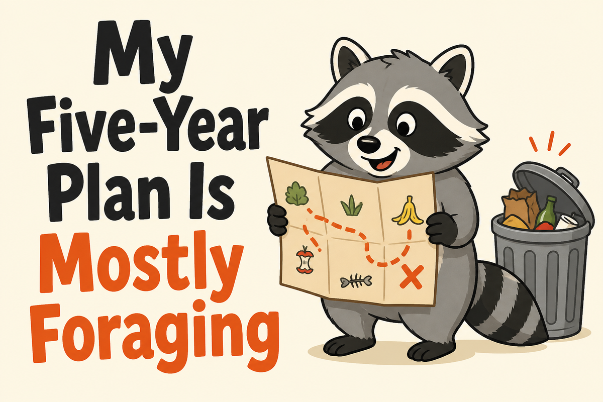 My Five-Year Plan Is Mostly Foraging rectangular sticker with raccoon with map to trash can