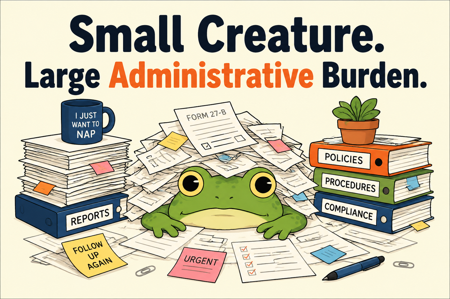 Small Creature. Large Administrative Burden. rectangular sticker with frog buried in paperwork