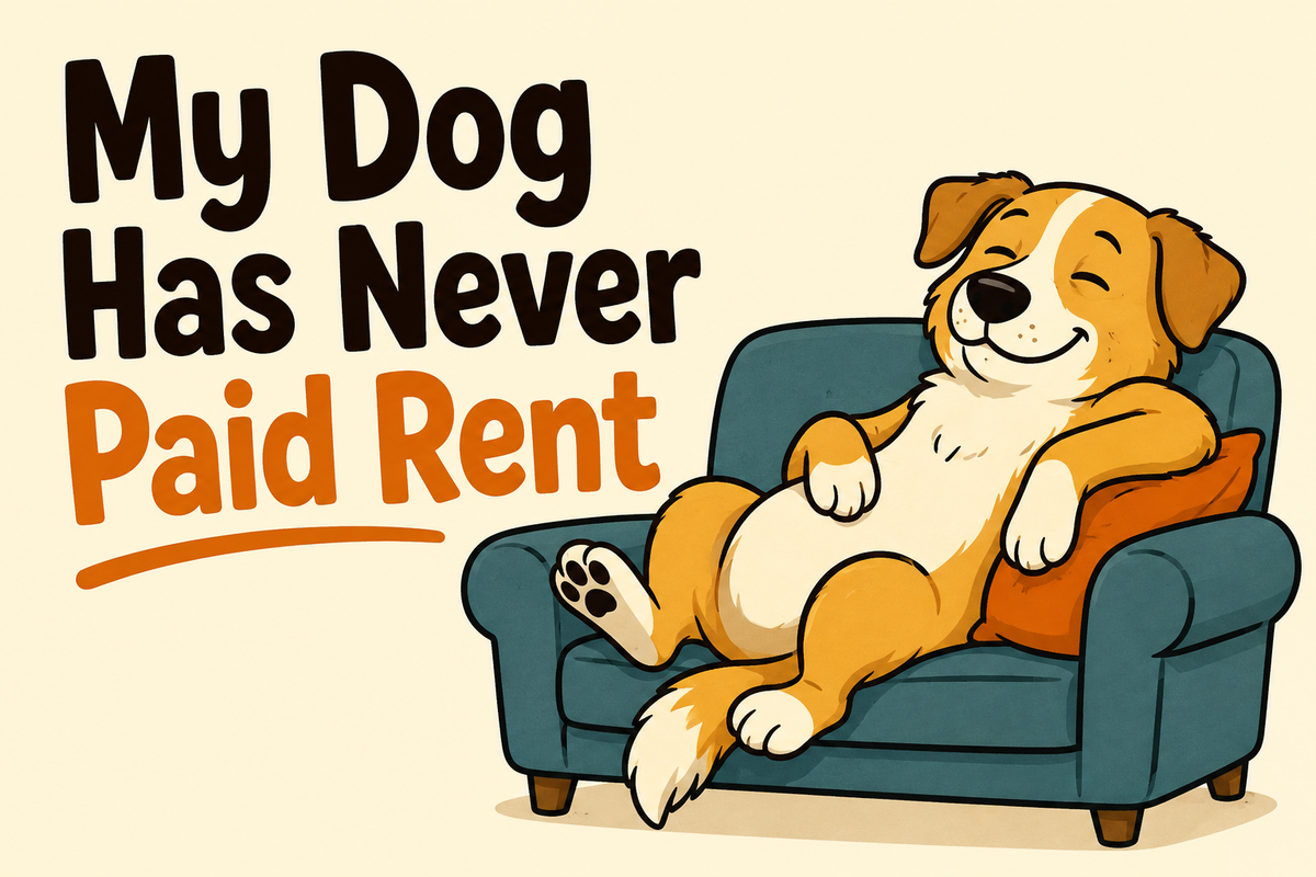 My Dog Has Never Paid Rent rectangular sticker with dog lounging on couch