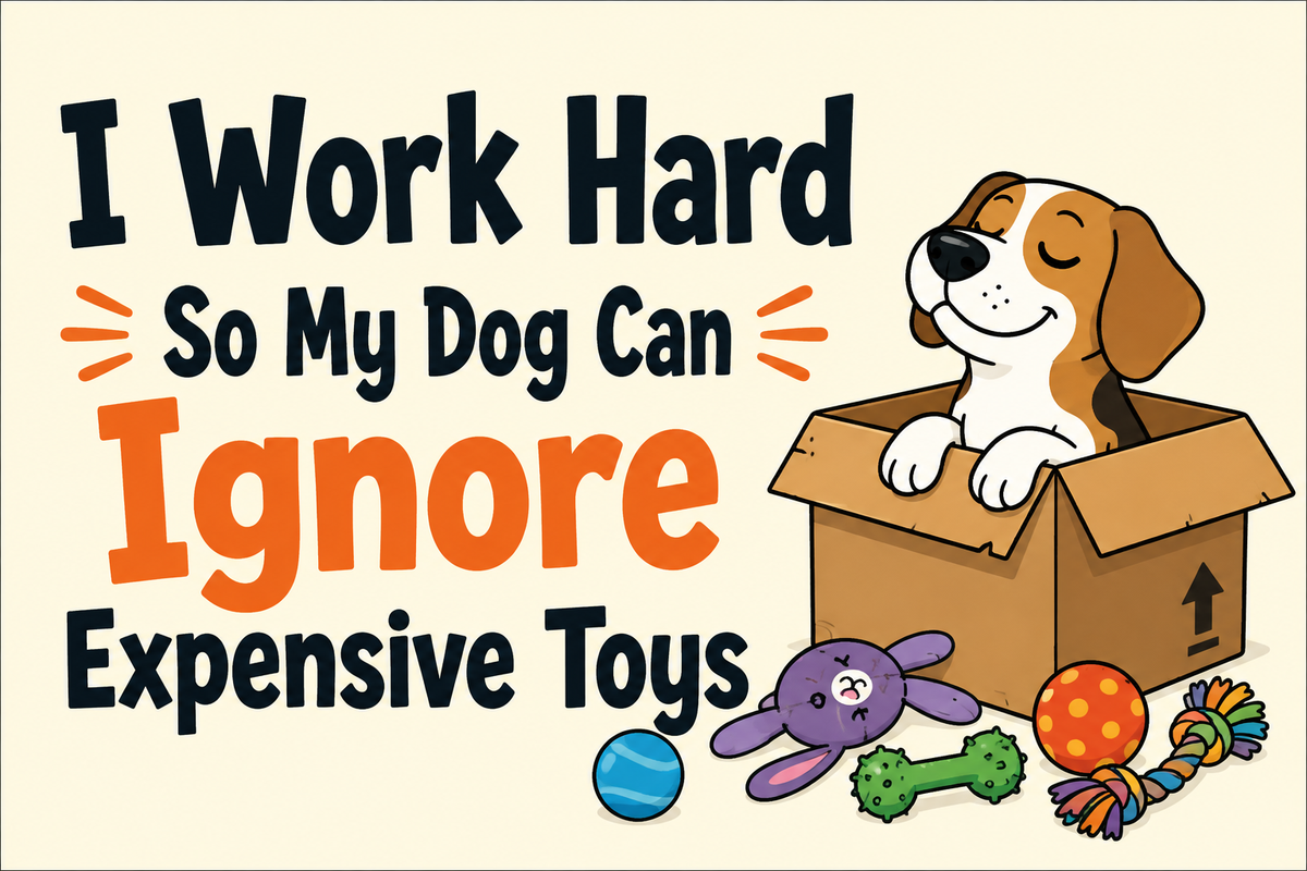 I Work Hard So My Dog Can Ignore Expensive Toys rectangular sticker with dog choosing cardboard box